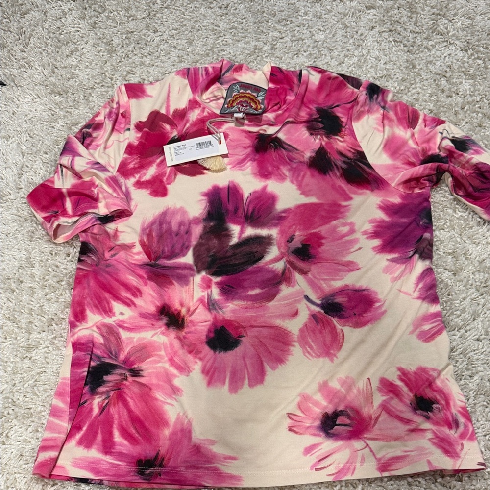 NWT Johnny Was Janie Faborite Fitted Elbow Sleeve Mock Neck Floral Blouse XL